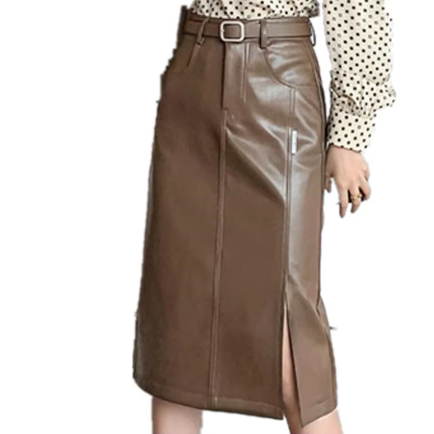 Split Bag Hip Pu Leather Skirt