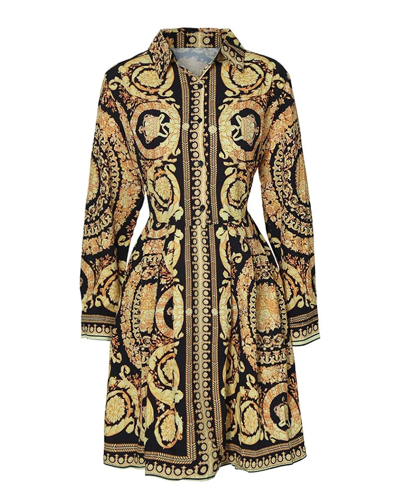 Vintage Women Printed Shirt Dress Fashion Lady Long Sleeve Turn-Down Collar Swing Dress Female Party A-Line Spring Fall Dress