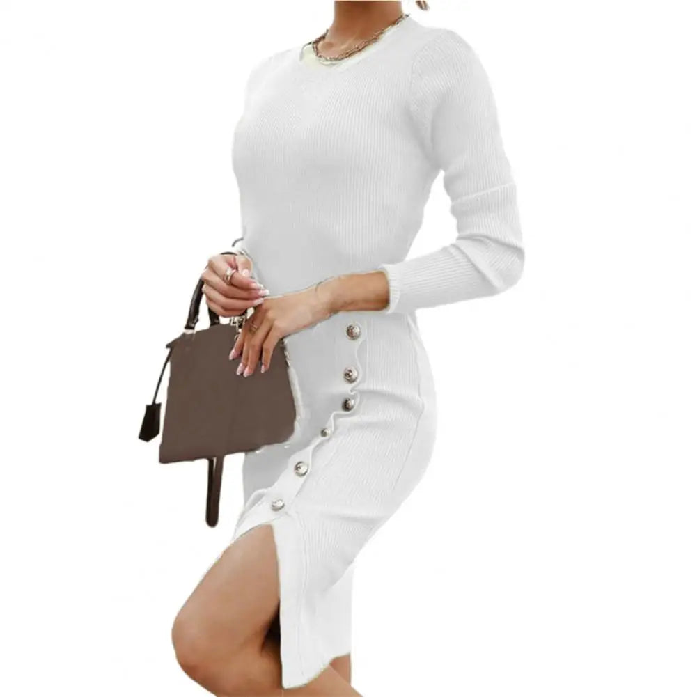 Autumn Winter Women Dress Pure Color Knitted round Neck Long Sleeve Sweater Dress Buttons Hip Wrap Split Hem Bodycon Dress