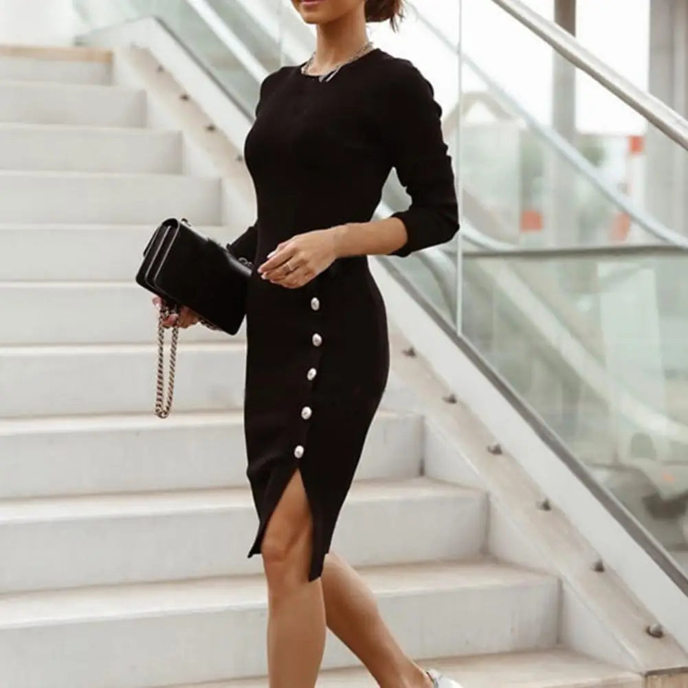 Autumn Winter Women Dress Pure Color Knitted round Neck Long Sleeve Sweater Dress Buttons Hip Wrap Split Hem Bodycon Dress