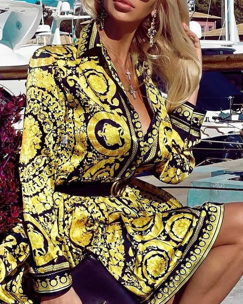 Vintage Women Printed Shirt Dress Fashion Lady Long Sleeve Turn-Down Collar Swing Dress Female Party A-Line Spring Fall Dress