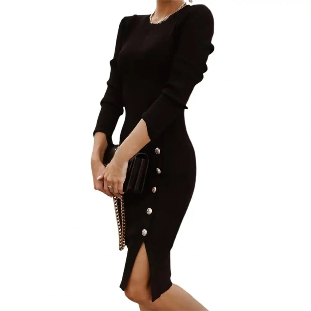 Autumn Winter Women Dress Pure Color Knitted round Neck Long Sleeve Sweater Dress Buttons Hip Wrap Split Hem Bodycon Dress