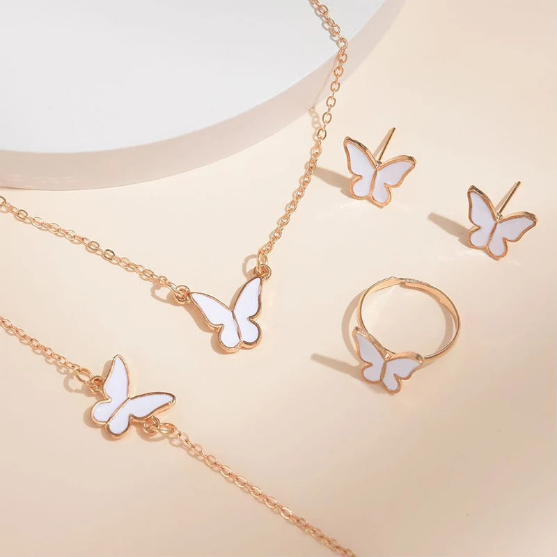 5PCS Fashion Butterfly Pendants Necklace Earrings Ring Bracelet Sets