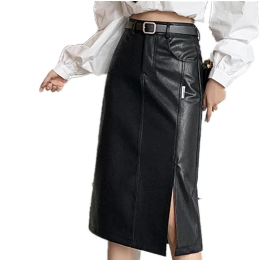 Split Bag Hip Pu Leather Skirt