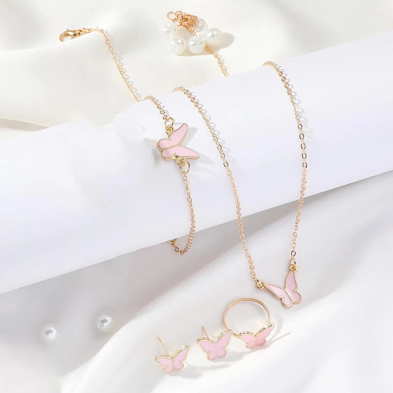 5PCS Fashion Butterfly Pendants Necklace Earrings Ring Bracelet Sets