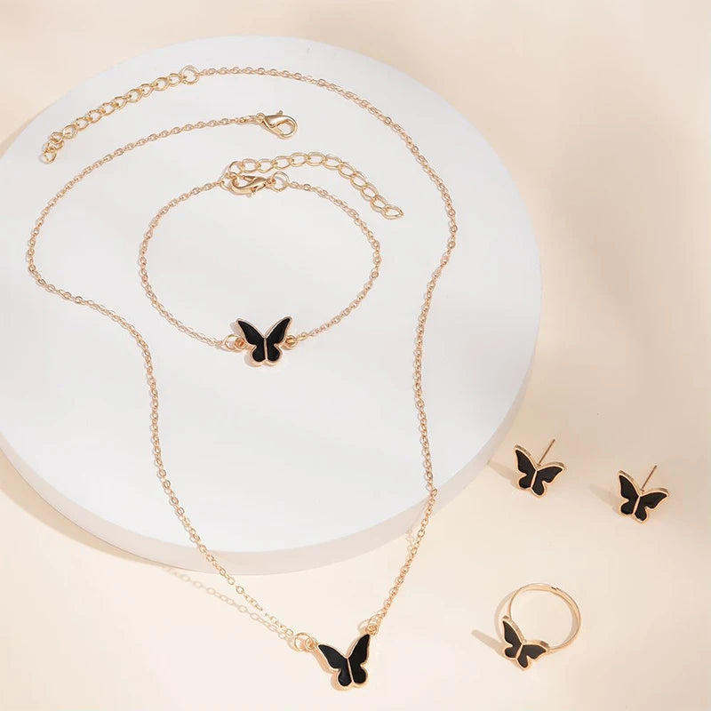 5PCS Fashion Butterfly Pendants Necklace Earrings Ring Bracelet Sets