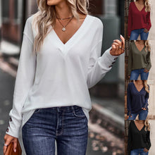 Load image into Gallery viewer, V-Neck Loose Long Sleeve T-Shirt Button