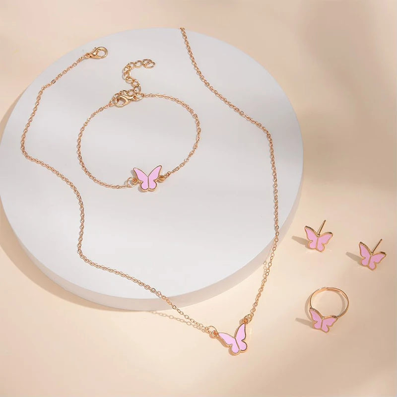 5PCS Fashion Butterfly Pendants Necklace Earrings Ring Bracelet Sets