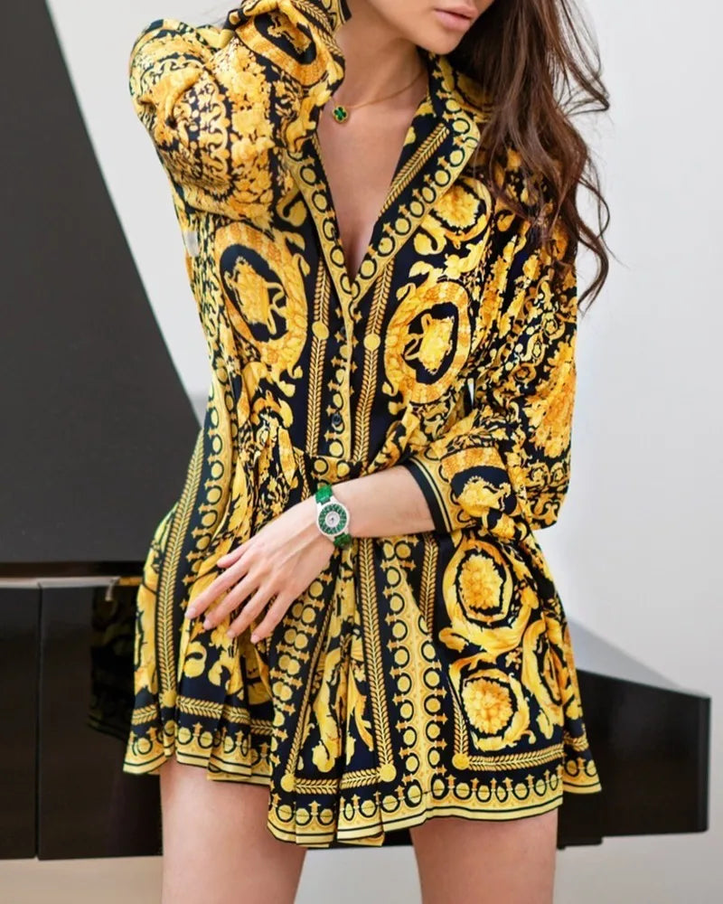 Vintage Women Printed Shirt Dress Fashion Lady Long Sleeve Turn-Down Collar Swing Dress Female Party A-Line Spring Fall Dress