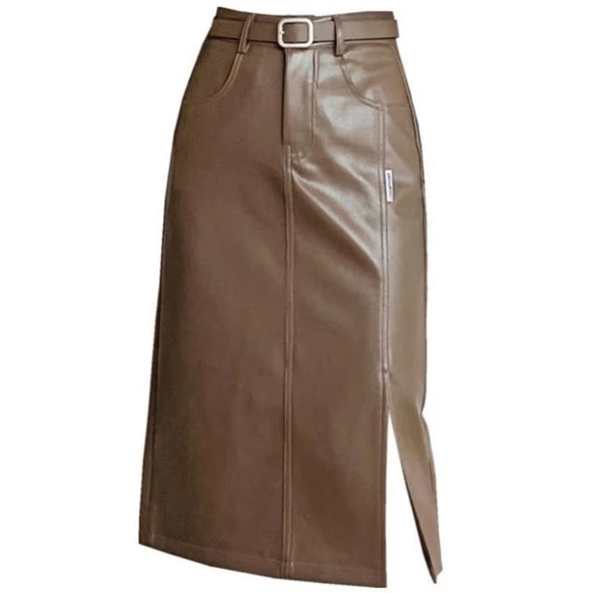 Split Bag Hip Pu Leather Skirt