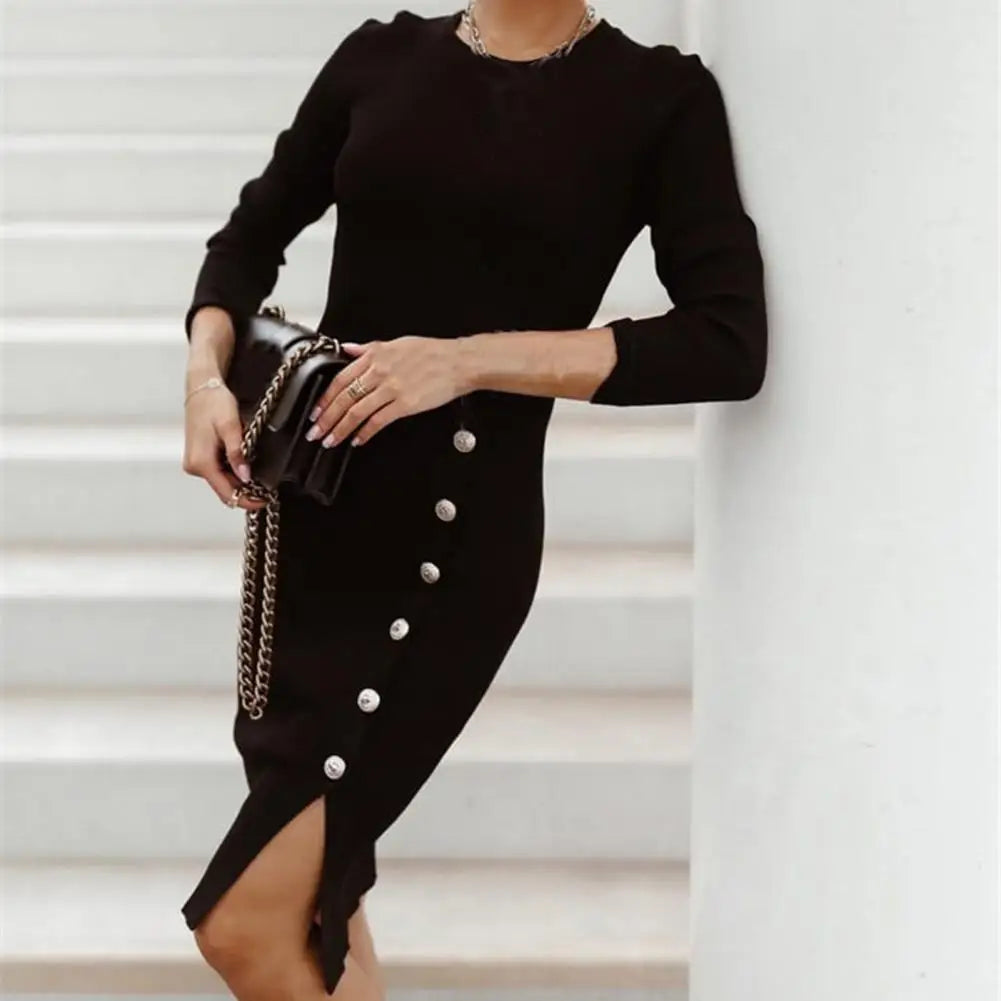 Autumn Winter Women Dress Pure Color Knitted round Neck Long Sleeve Sweater Dress Buttons Hip Wrap Split Hem Bodycon Dress