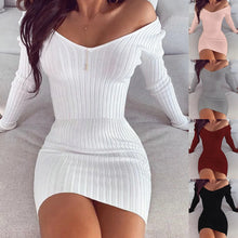 Load image into Gallery viewer, Sexy off Shoulder Long Sleeve Bodycon Dress for Women 2024 Spring Autumn White Knitted Sweater Mini Woman Dresses Robe Femme