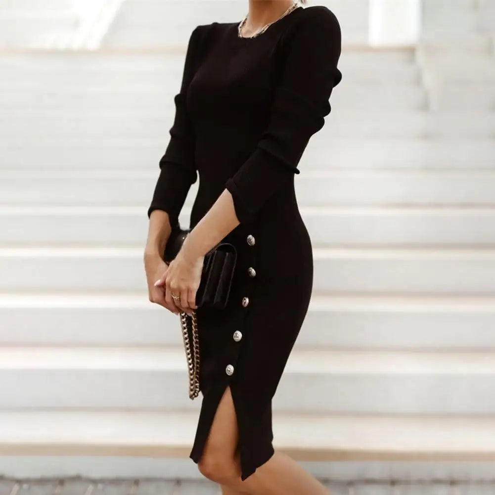 Autumn Winter Women Dress Pure Color Knitted round Neck Long Sleeve Sweater Dress Buttons Hip Wrap Split Hem Bodycon Dress