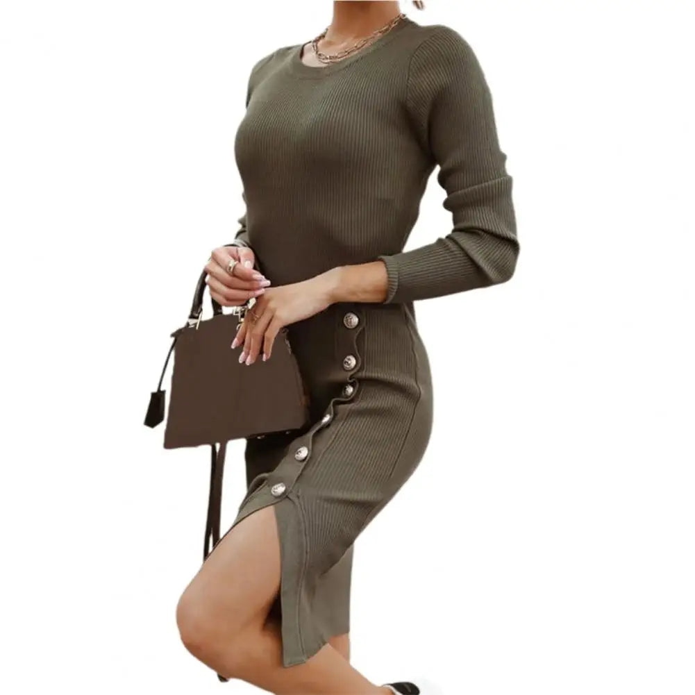 Autumn Winter Women Dress Pure Color Knitted round Neck Long Sleeve Sweater Dress Buttons Hip Wrap Split Hem Bodycon Dress