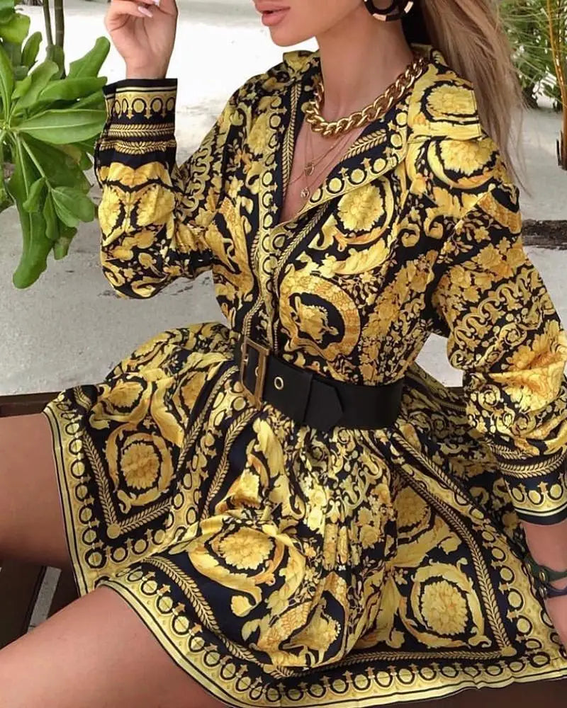 Vintage Women Printed Shirt Dress Fashion Lady Long Sleeve Turn-Down Collar Swing Dress Female Party A-Line Spring Fall Dress